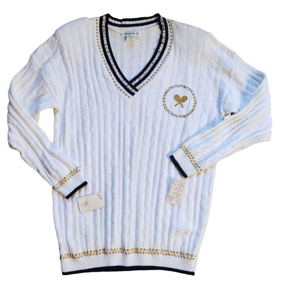 Vintage 60s 70s Preppy White Tennis Sweater M/L Retro V-Neck Embroidered Sequins - Picture 3 of 5